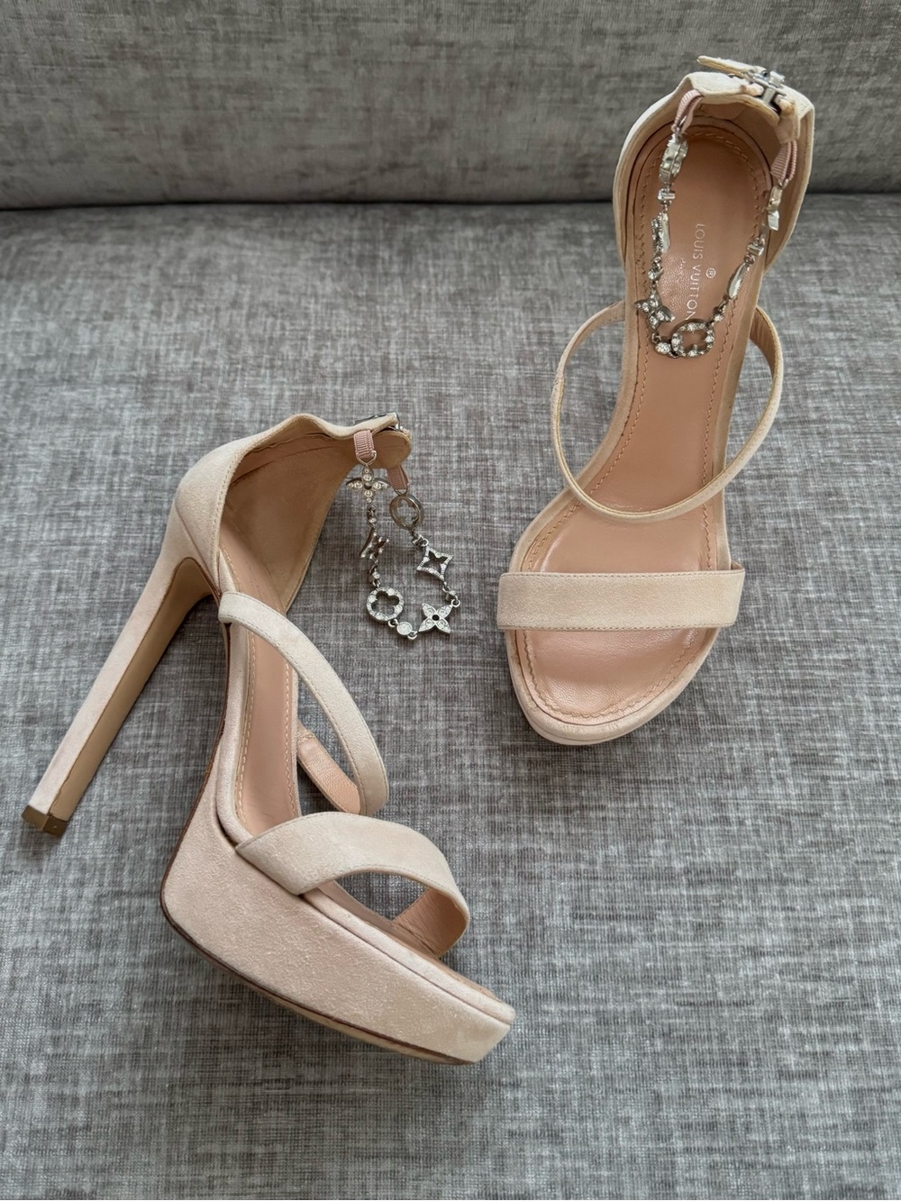 Louis Vuitton Appeal Crystal Monogram Suede Platform Heels Nude 36